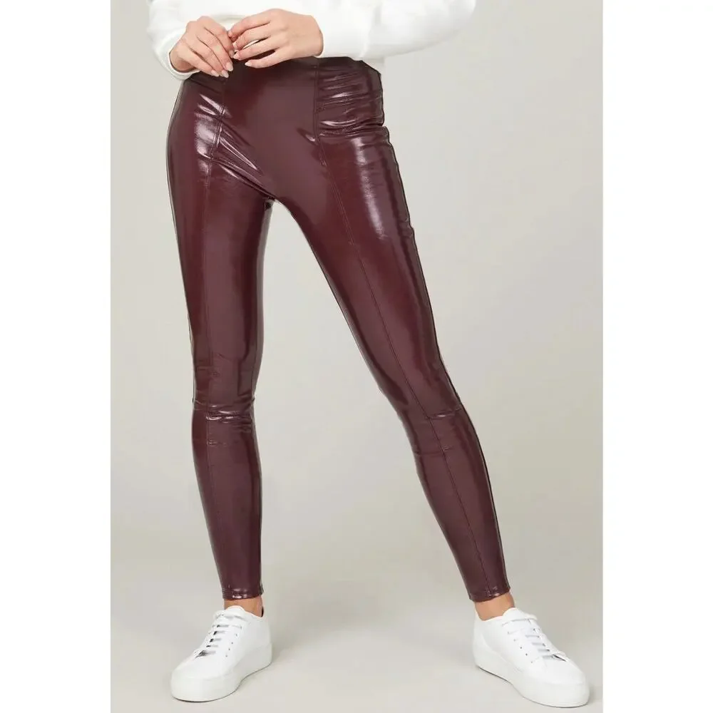 SPANX‎ Faux Patent Leather Leggings - Figure-Flattering, Burgundy, Sz: L, 69-18
